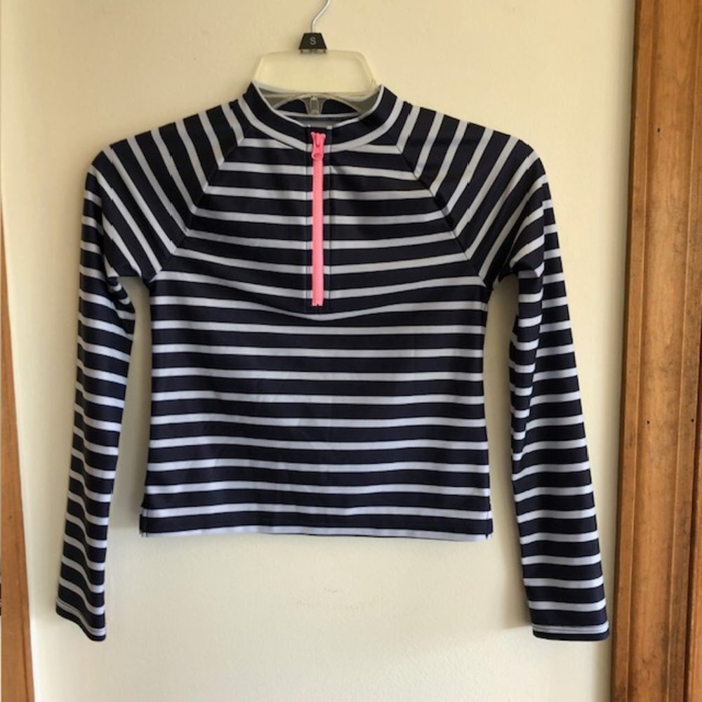 GAP Zip Rash Guard White Navy Stripe Long Sleeve Girl L